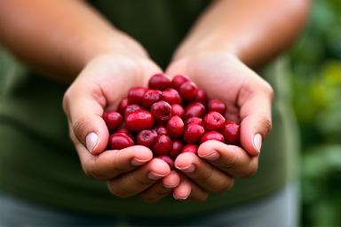 A farmer holding fresh coffee cherries